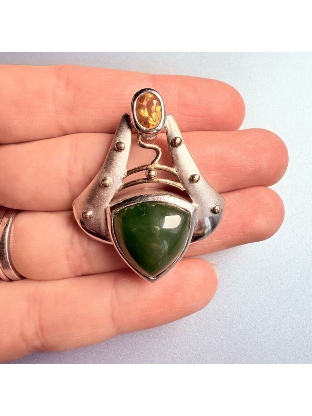 Modernist 12.15CT Jade & Citrine Sterling Silver Artisan Enhancer Slider Pendant - Picture 6 of 7